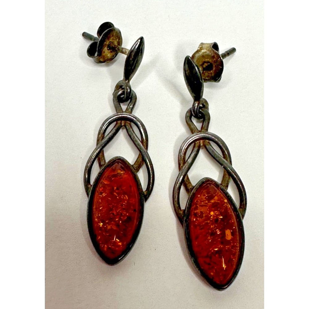 Vintage Sterling silver Baltic Amber Earrings Drop Celtic Knot Detail Dangle